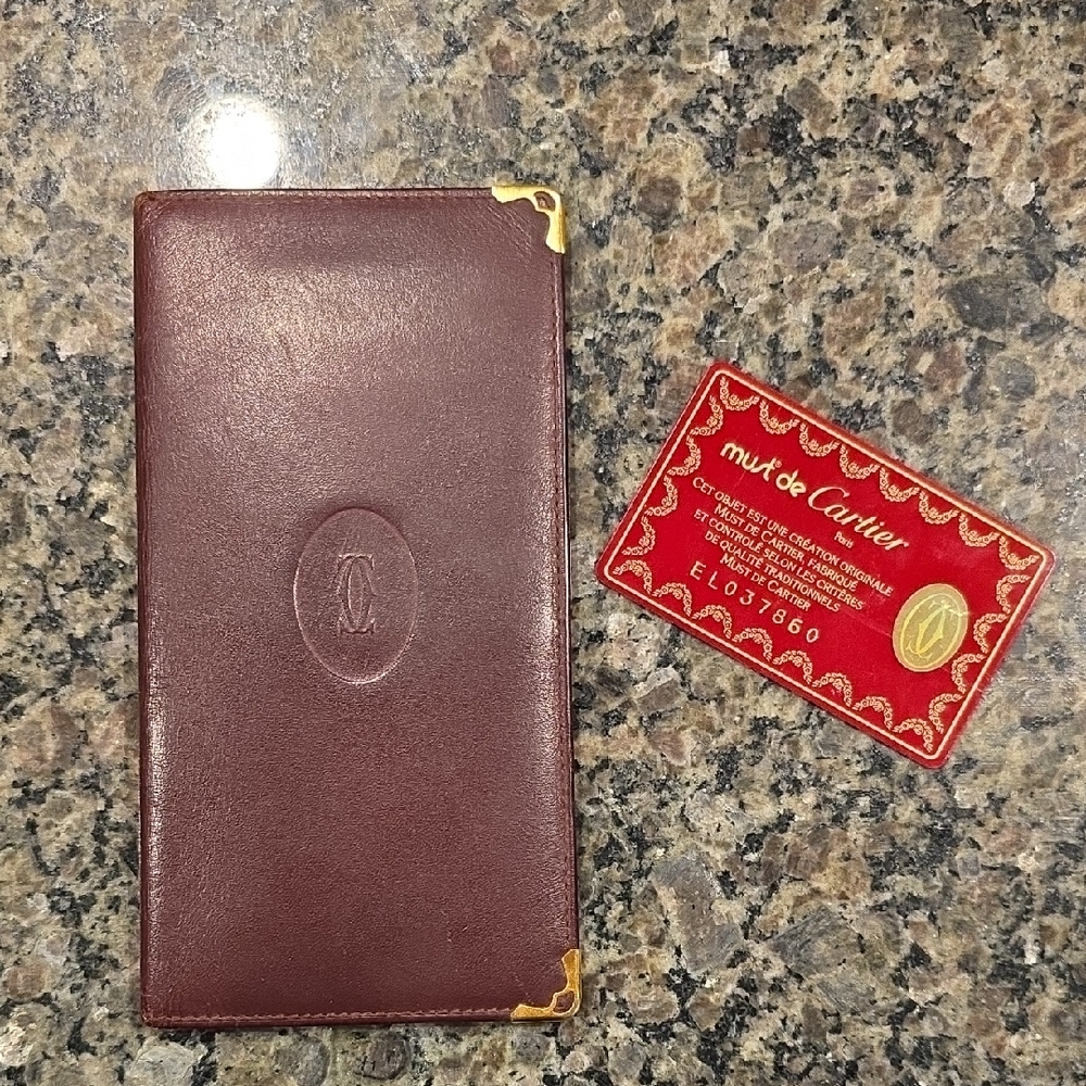 Cartier Burgundy Leather Long Wallet with Gold Corners